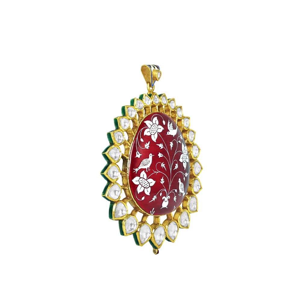 Red Enamel Pendant with Polki and Floral Bird Motifs